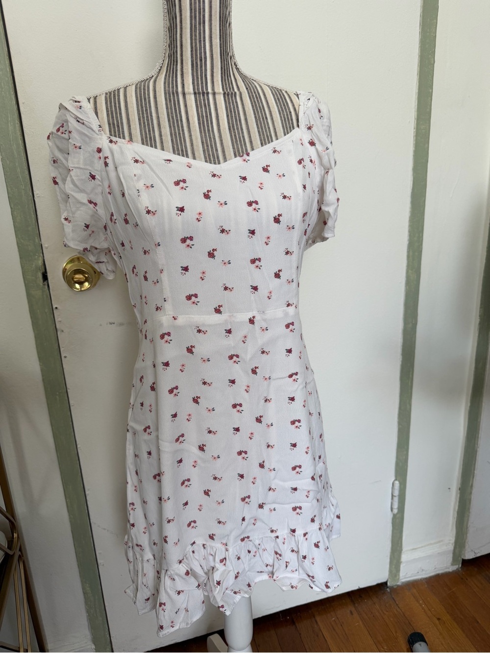 Floral Ruffle Mini Dress in White with Red Print